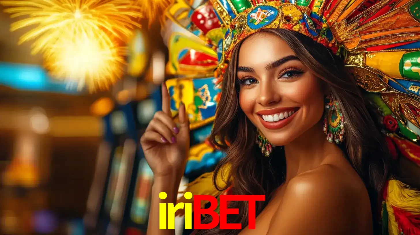 Mulher sorridente com um cocar de carnaval vibrante e colorido, celebrando uma grande vitória nos jogos do cassino iribet com fogos de artifício ao fundo.