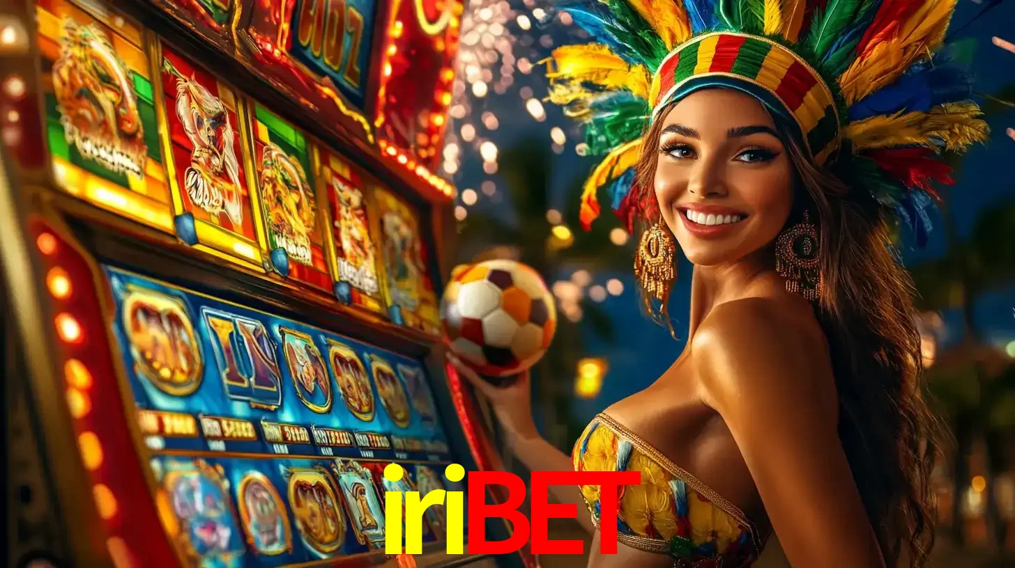 Mulher com um cocar de carnaval ao lado de uma máquina de caça-níqueis enquanto segura uma bola de futebol, mostrando a união da diversão de cassino e esportes no iribet.