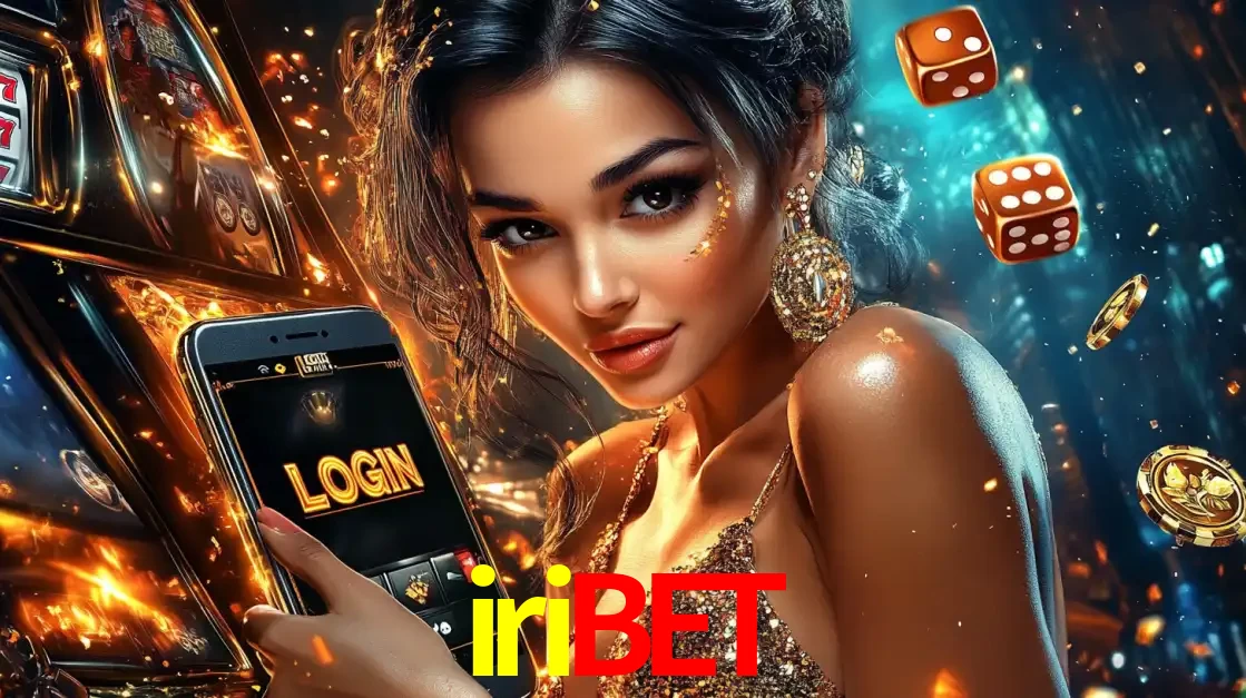Mulher glamourosa segurando um celular com a tela de login do cassino iribet, rodeada por dados e moedas douradas, pronta para começar a diversão.