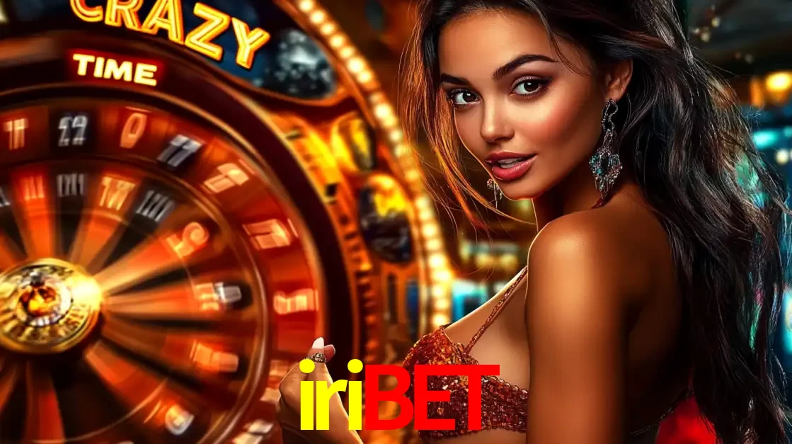 Mulher ao lado da roda de prêmios do jogo de cassino ao vivo Crazy Time, um dos shows de jogos mais emocionantes oferecidos pela plataforma de apostas iribet.