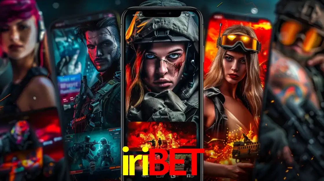 Montagem de telas de celular mostrando diversos personagens, masculinos e femininos, de um jogo de tiro, ilustrando a diversidade de equipes de e-sports para apostar no iribet.