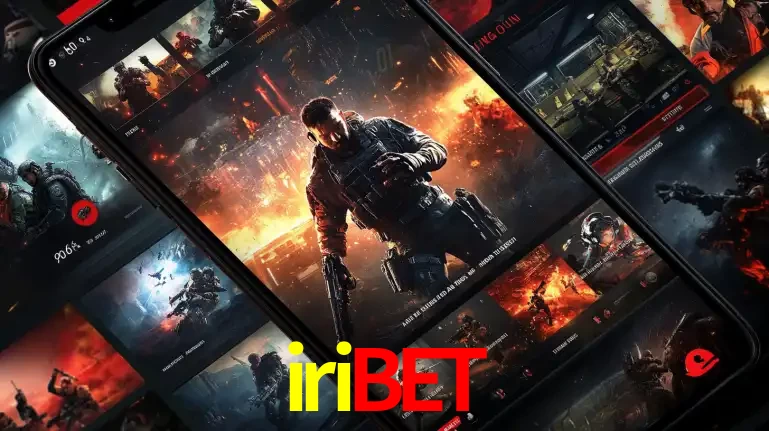 Tela de um celular exibindo uma galeria de jogos de tiro com temática militar, mostrando a variedade de e-sports disponíveis para apostas na plataforma de entretenimento iribet.