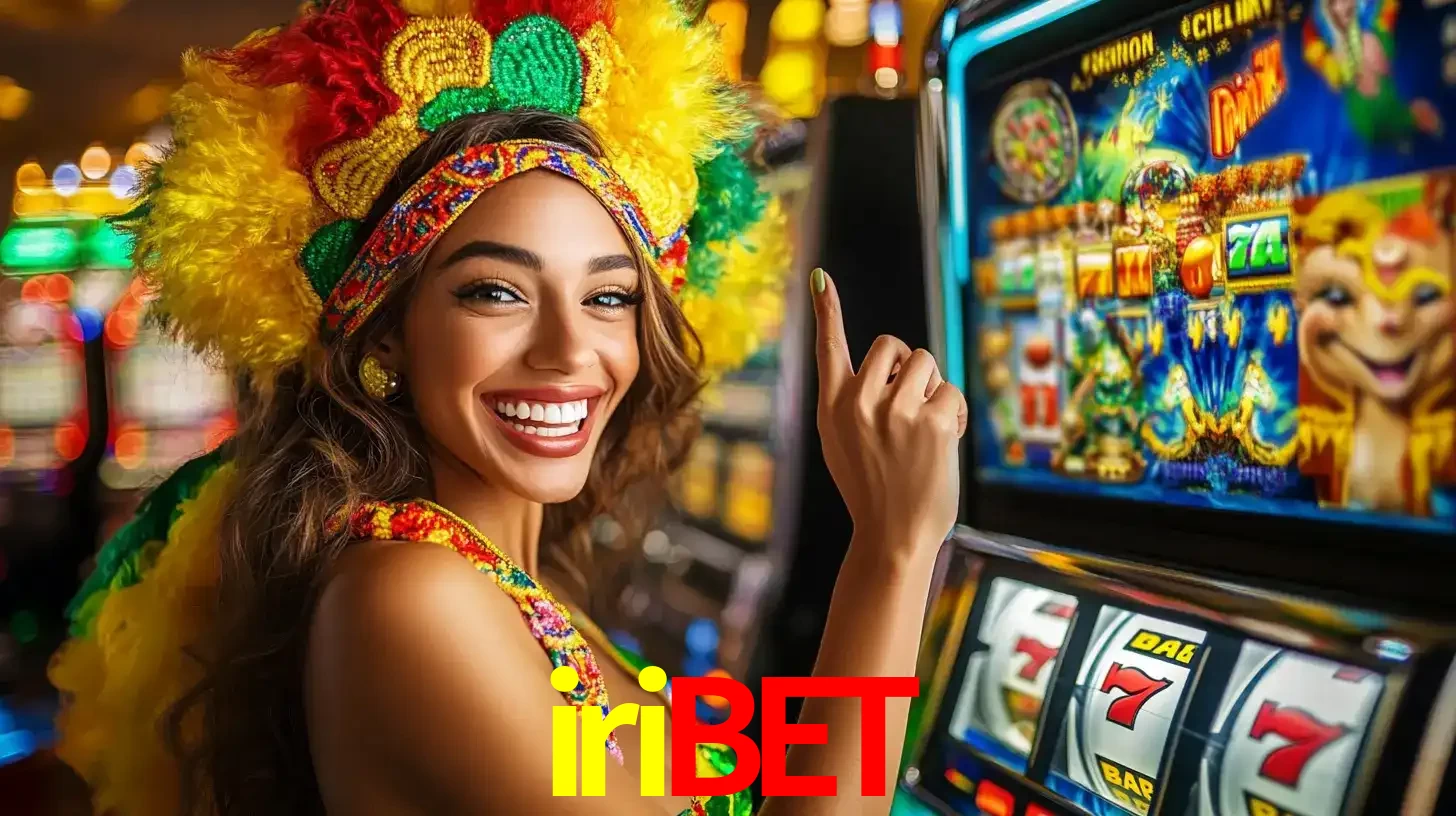 Mulher animada com um cocar de carnaval apontando para uma máquina de caça-níqueis, mostrando a emoção de ganhar um grande prêmio nos jogos do iribet.