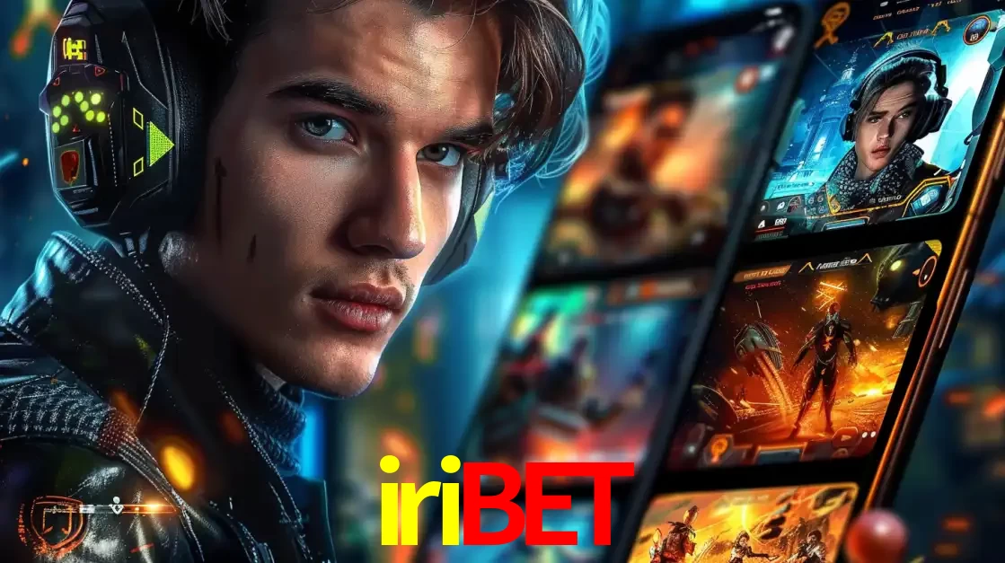 Jovem jogador com fones de ouvido olhando para a câmera, com um aplicativo de jogos e e-sports para celular ao fundo, pronto para a competição e apostas no iribet.