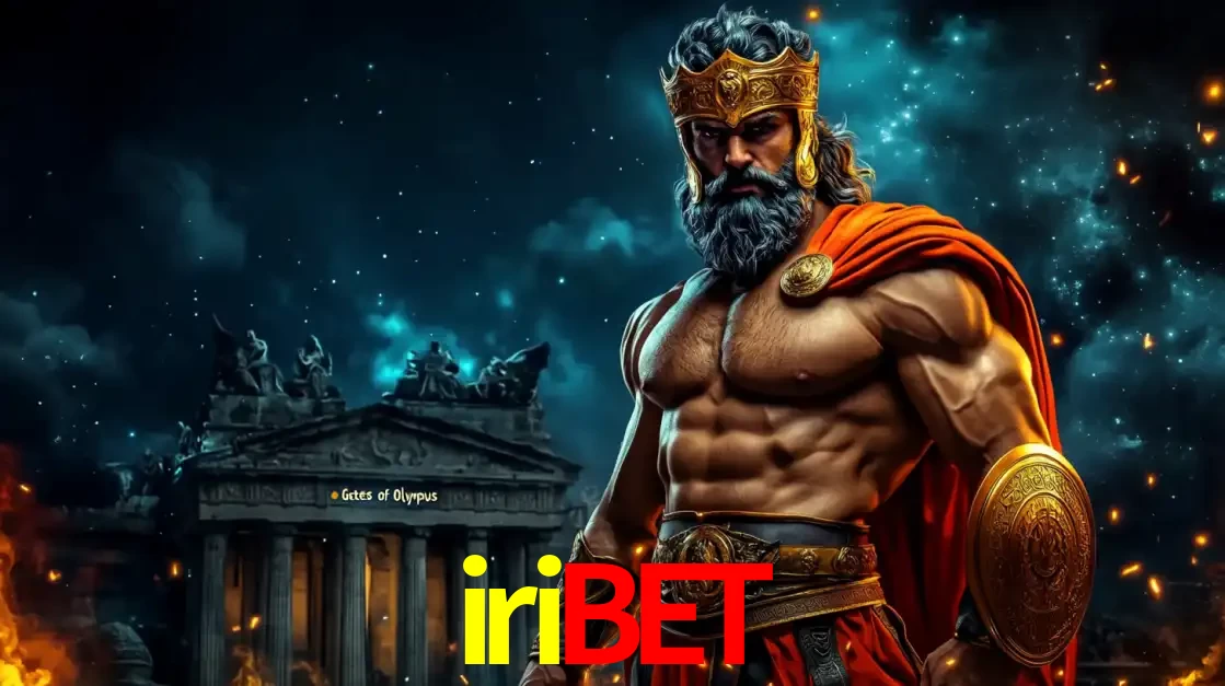 O poderoso Zeus do jogo de slot Gates of Olympus em frente ao seu templo, pronto para lançar multiplicadores divinos e prêmios épicos no cassino online iribet.