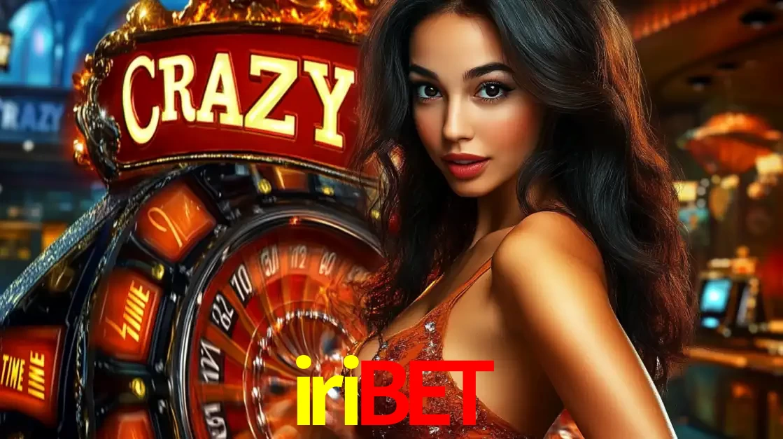 Mulher glamourosa olhando para a câmera com a roda vermelha do Crazy Time ao fundo em um ambiente de cassino, destacando a emoção dos jogos ao vivo no iribet.