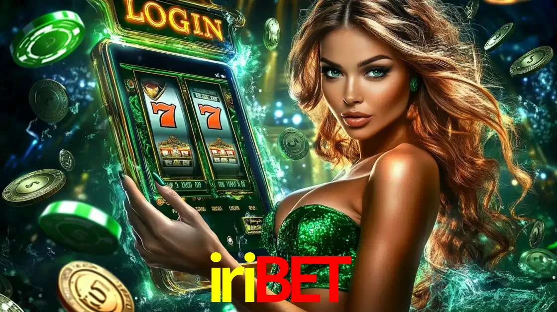 Mulher com tema verde apresentando o aplicativo do cassino iribet com um jogo de slot de 777, cercada por fichas de cassino e uma aura de sorte.