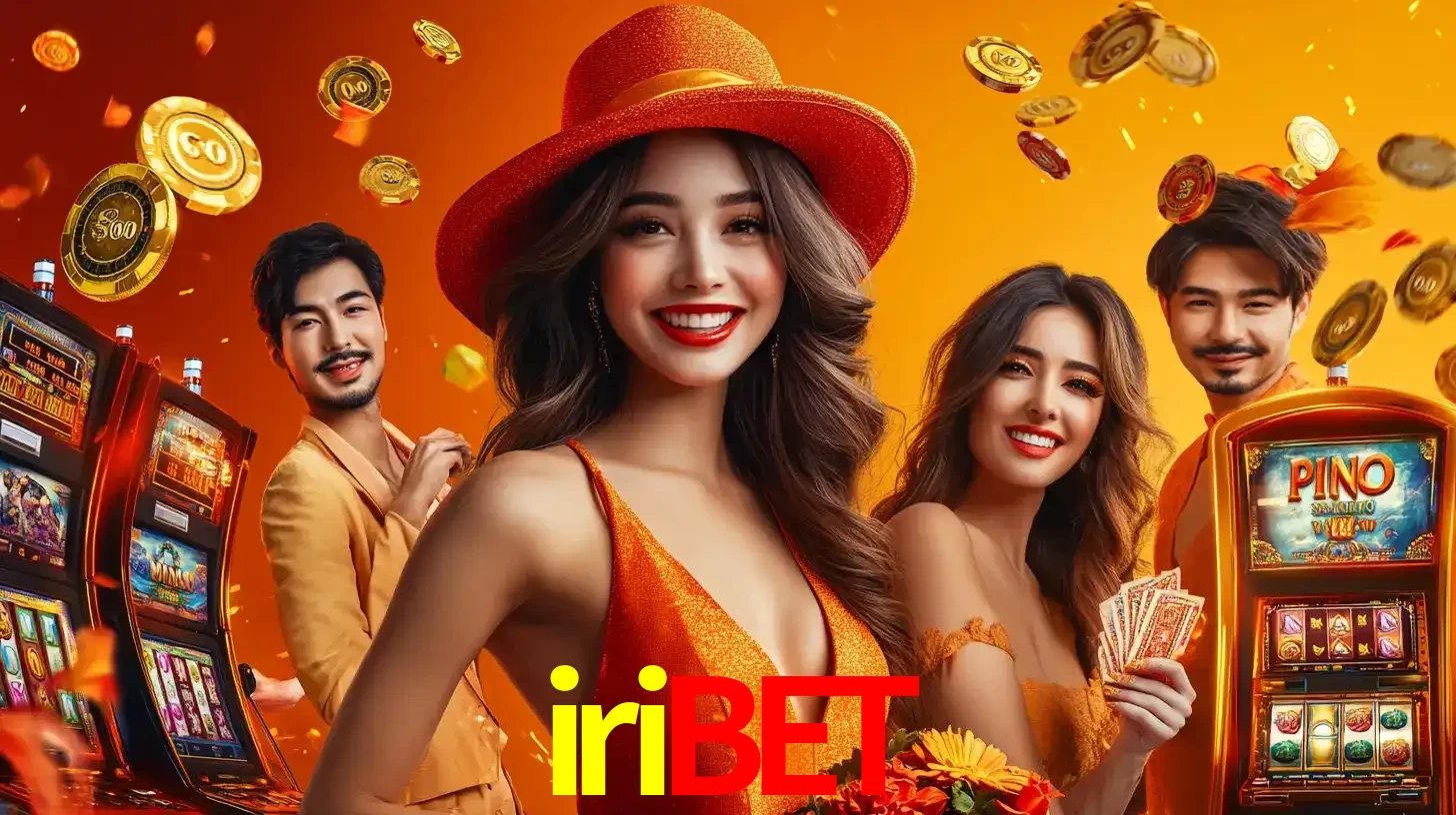 Grupo de amigos asiáticos sorrindo e se divertindo com máquinas de caça-níqueis em um ambiente festivo, celebrando suas vitórias nos jogos de cassino do iribet.