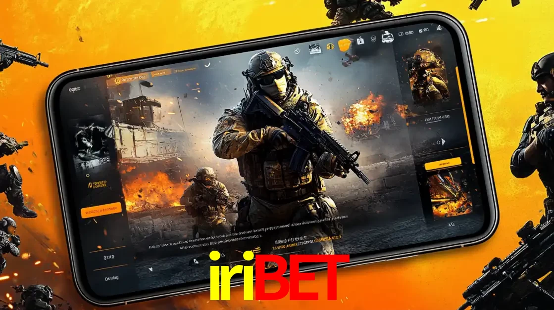 Um smartphone exibindo a interface de um jogo de tiro em primeira pessoa, com um soldado em um cenário de batalha, representando a ação dos e-sports para apostar no iribet.