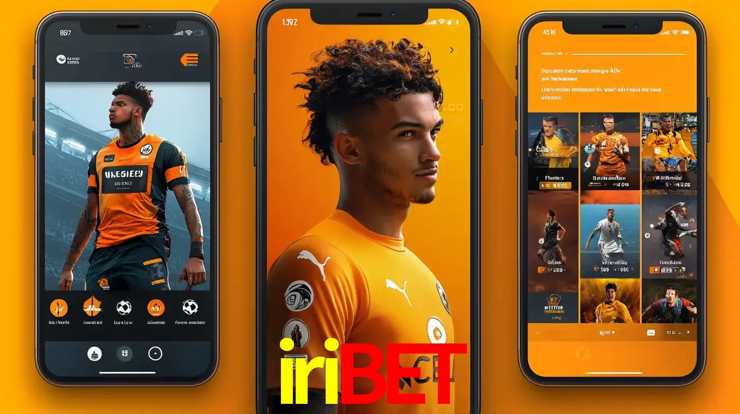 Interface do aplicativo de apostas esportivas iribet em três telas de celular, mostrando o perfil de um jogador de futebol e a lista de jogos disponíveis para apostar.