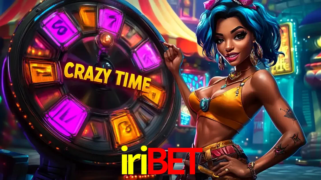 Mulher estilizada com cabelo azul e visual vibrante posando ao lado da roda de prêmios do game show Crazy Time, convidando para a diversão e os bônus do cassino iribet.