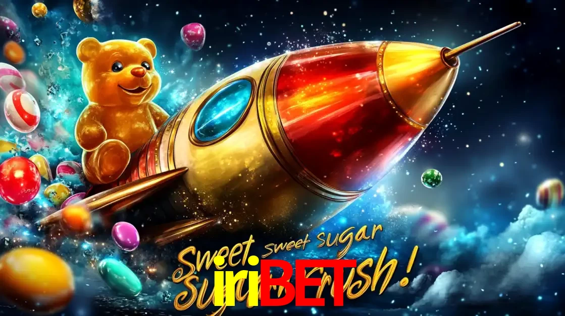 Arte promocional do jogo de slot Sugar Rush, com um urso de pelúcia em um foguete viajando pelo espaço de doces, um dos jogos divertidos disponíveis no cassino iribet.