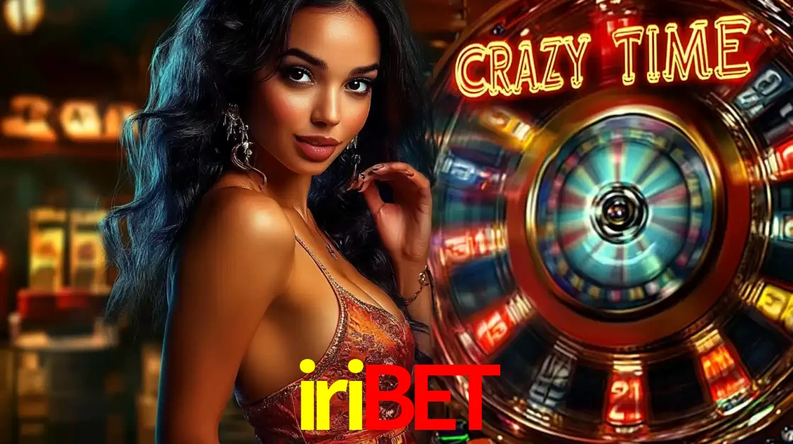 Mulher elegante ao lado da vibrante roda da fortuna do jogo de cassino ao vivo Crazy Time, um dos game shows mais populares e cheios de prêmios do iribet.