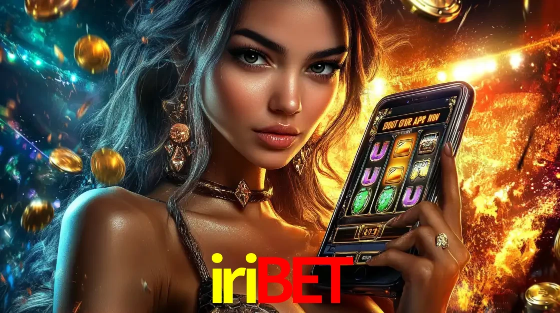 Mulher elegante mostrando um jogo de caça-níqueis em seu smartphone, destacando a experiência de cassino móvel oferecida pelo aplicativo iribet.