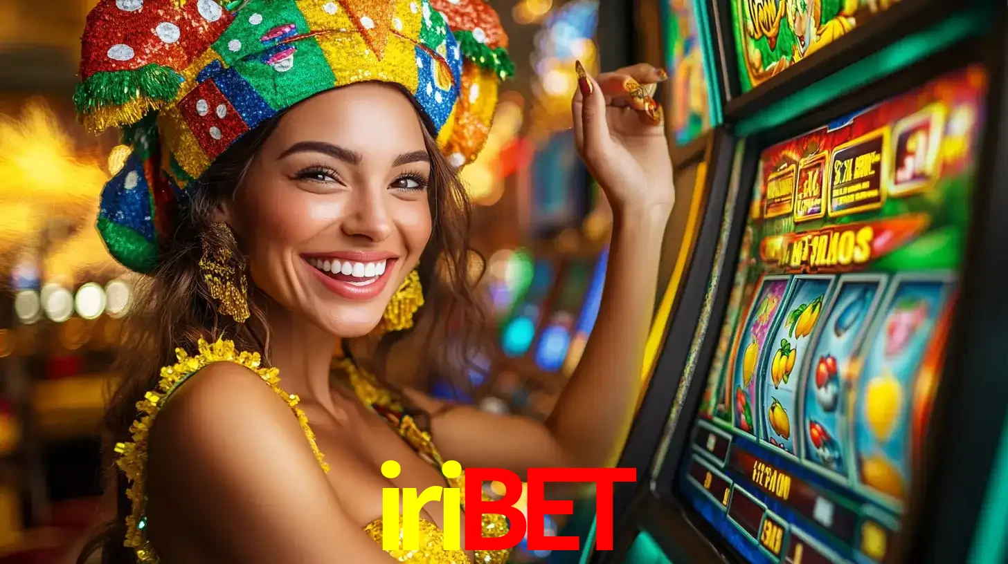 Mulher feliz com traje de carnaval amarelo e colorido ao lado de uma máquina de caça-níqueis, aproveitando a diversão e os jogos temáticos do cassino iribet.