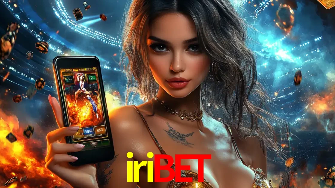 Mulher segurando um celular com um jogo de slot em destaque, tendo como fundo um estádio vibrante, simbolizando a emoção de jogar no cassino móvel iribet.