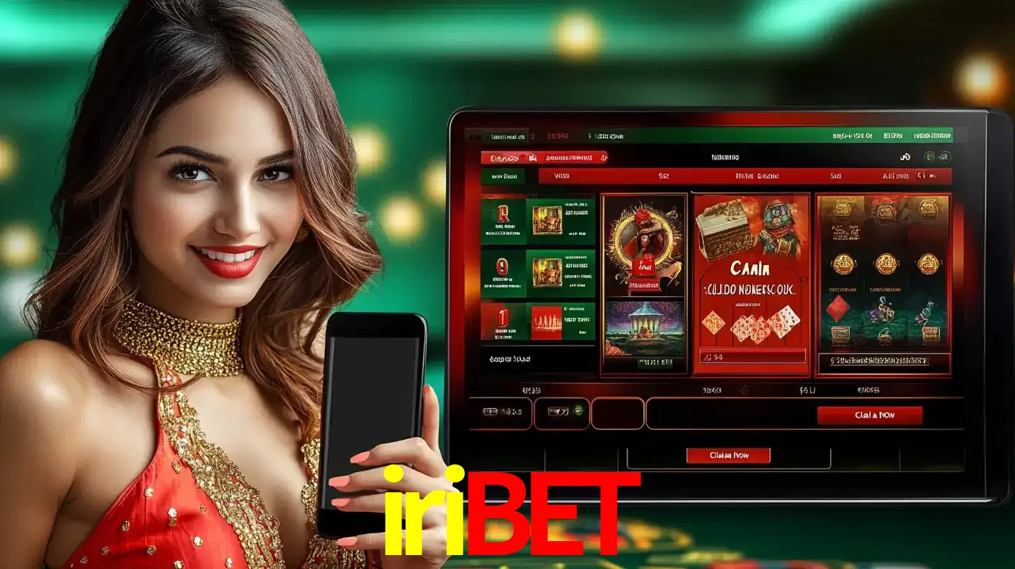Mulher sorridente segurando um smartphone, ao lado de uma tela exibindo o lobby de jogos do cassino online iribet, com várias opções de jogos de cartas e slots.